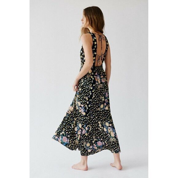 NEW FREE PEOPLE Sz 6 VALENTINA DRESS SATIN PRINTED MIDI DRESS  IN BLACK - Picture 2 of 4